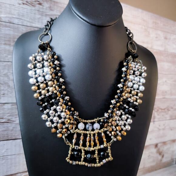Anthropologie Pam Hiram Necklace Black & Gold Tone Glass Beaded Choker Bib - Picture 3 of 9